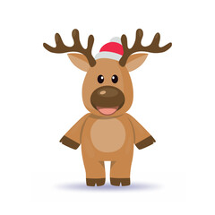 Christmas baby reindeer standing and smiling vector mascot with Santa Claus hat, Funny Xmas deer illustration on white background