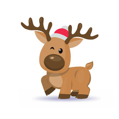 Christmas baby reindeer winking vector mascot with Santa Claus hat, Funny Xmas deer illustration on white background