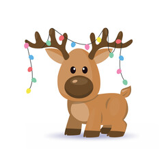 Christmas baby reindeer with lights on horns vector mascot, Funny Xmas deer illustration on white background