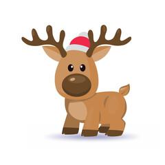 Christmas baby reindeer vector mascot with Santa Claus hat, Funny Xmas deer illustration on white background