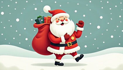 Santa Claus with a joyful expression dancing while carrying a sack of gifts in a snowy landscape
