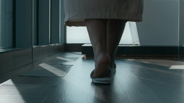 Low section slowmo closeup of unrecognizable woman stepping gracefully onto plush bath mat in luxurious bathroom placed against panoramic window view, taking off soft, cozy slippers and bathrobe