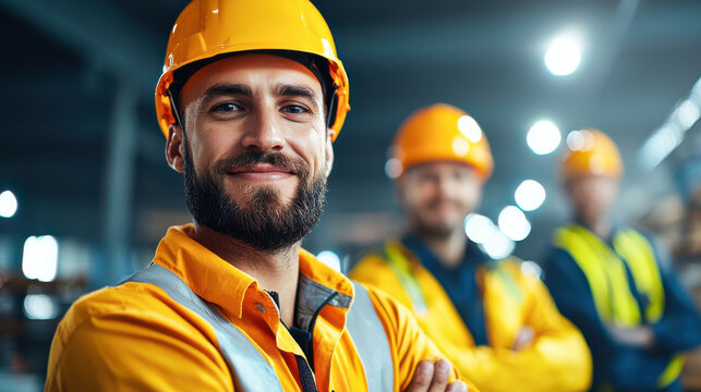 confident technician wearing safety helmet and bright orange work shirt smiles in well lit industrial setting, showcasing teamwork and professionalism