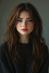Fototapeta premium A woman with long brown hair and blue eyes is posing for a picture