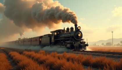 Fototapeta premium Old-fashioned steam train in motion during sunset on a foggy landscape