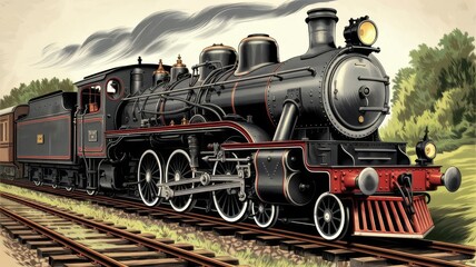 Naklejka premium Detailed illustration of an old-fashioned steam train, featuring a vintage aesthetic and classic design