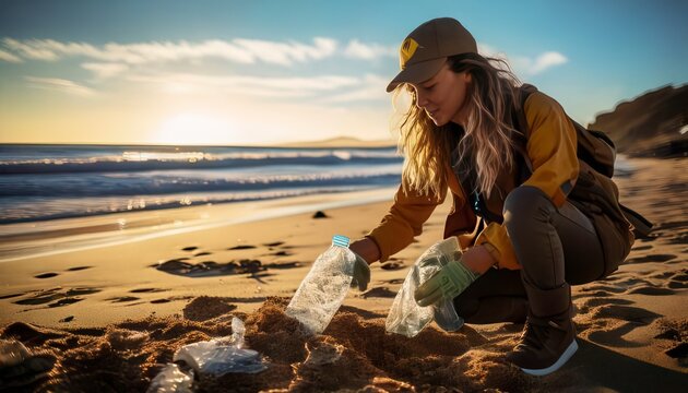 person picking up a plastic bottle during a beach walk. Generated image