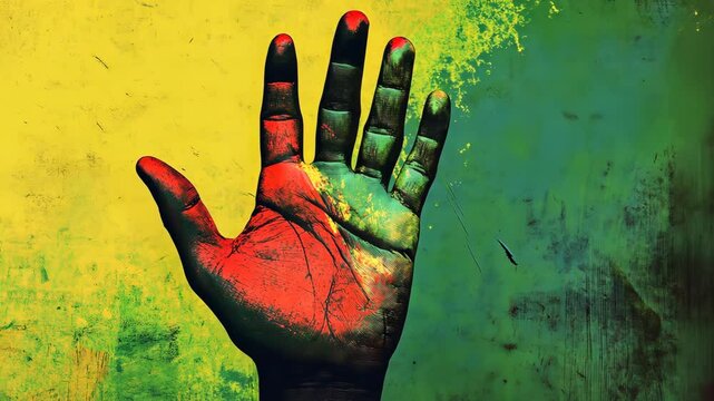 A hand painted with the colors of the Jamaican flag is raised in a powerful gesture