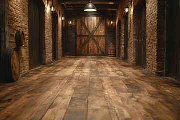 Obraz premium Wooden Hallway with Brick Walls and a Wooden Door