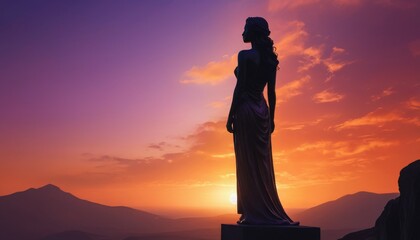 Silhouetted female figure on a pedestal against a dramatic sunset, featuring a majestic atmosphere and artistic expression
