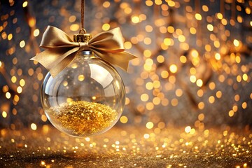 Chtistmas ornament. Beautiful transparent Christmas ball with golden glitter and bow. Background with blurred golden lights, sparkles and bokeh. Christmas illustration.	