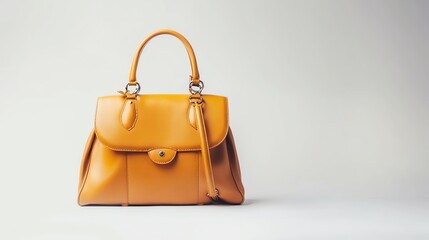 A yellow leather handbag on a white background.