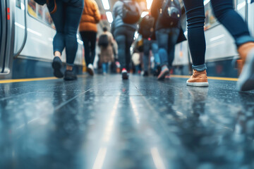 Fototapeta premium Futuristic modern public transport station with crowd of people, Generative AI image