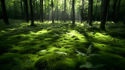 Obraz premium Sunbeams illuminate a mossy forest floor with ferns.