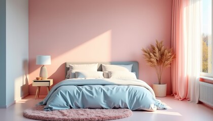 Cozy bedroom with pastel blue bedding and pink walls, featuring a serene atmosphere and minimalist decor
