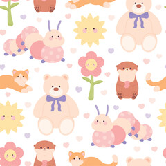 Plush toys seamless pattern. Fluffy textile toy animals, flower and sunny. Childish fabric print template, design for wrapping or wallpaper, racy vector background
