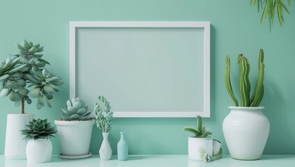 3D rendering of white picture frame on mint green wall with succulents and cacti in vases