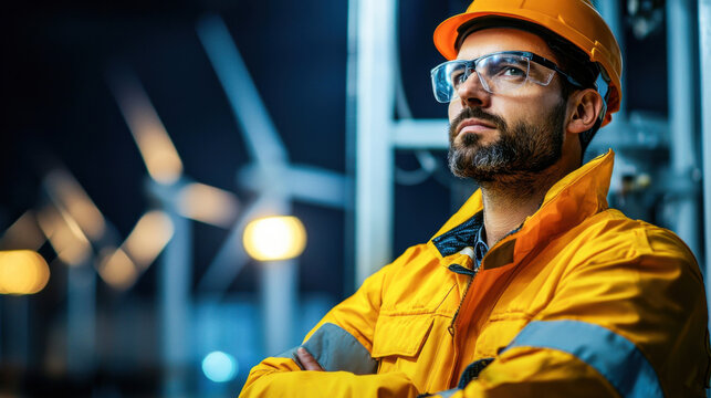 technician in yellow safety jacket and helmet stands confidently, gazing at offshore wind turbines in background. scene conveys sense of safety and professionalism in renewable energy