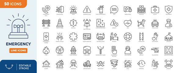 Emergency line editable icon set. Vector illustration in thin line style of warning icons: accidents, natural disasters, rescue services, and emergency signals. Editable stroke. Vector illustration