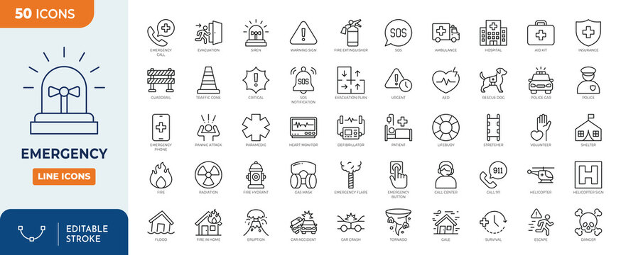 Emergency icon set. Featuring accidents, natural disasters, rescue services, emergency signals, and more. Outline Icon Collection. Vector illustration. Editable stroke	