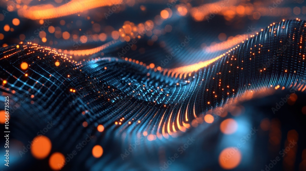 Poster computing core with dynamic wave-like patterns, symbolizing quantum information