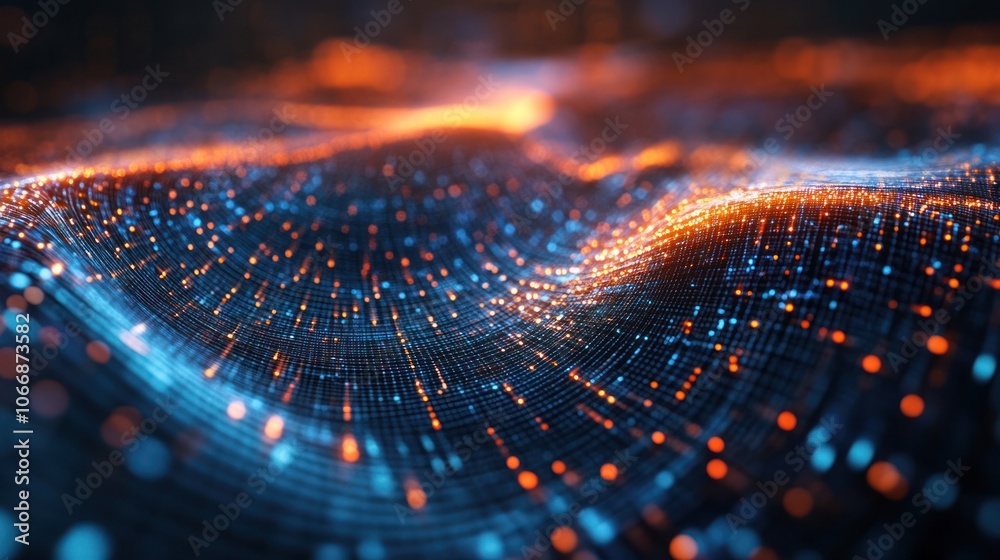 Poster computing core with dynamic wave-like patterns, symbolizing quantum information