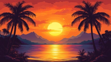 Sunset Over Tropical Sea With Palm Trees Silhouetted Against Orange Sky