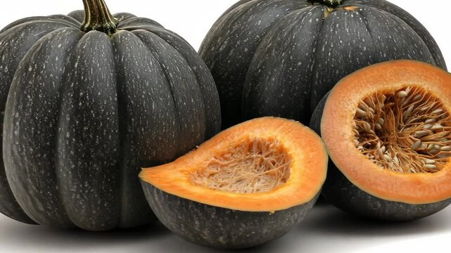 Three black pumpkins are arranged on a white background, with one sliced open to reveal the seeds and orange flesh