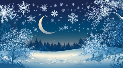 A crescent moon shines over a snowy winter forest with falling snowflakes.