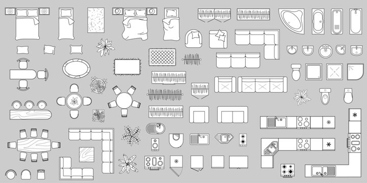 Furniture outline top view for plan. Set of isolated linear interior icons. Vector Illustration. Kit of Objects and elements for apartments, living room, bedroom, kitchen, bathroom. Bed, sofa, table