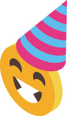 Yellow emoji wearing pink and blue striped birthday hat, celebrating with joy and excitement