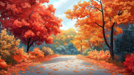 Path winding through an autumn park covered in vibrant leaves showcasing the beauty of the season
