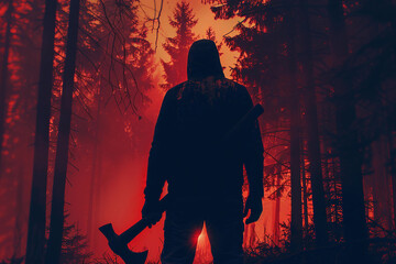 Generative AI image of spooky woodcutter in foggy burning forest with sinister Halloween horror theme