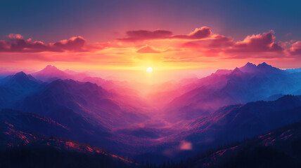 Obraz premium Majestic mountains embraced by a fiery sunset painting the sky in brilliant hues