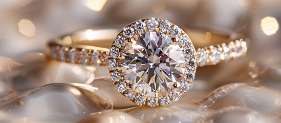 Fototapeta premium A Gold Valley Diamond ring surrounded by a halo of sparkling light emphasizing its timeless elegance and sophistication