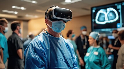 Wearing a VR headset, a doctor engages in a virtual reality experience for medical training. The hospital room is filled with healthcare professionals, all focused on learning