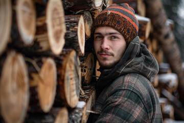 Generative AI image of a handsome virile bearded woodcutter at work in a traditional woodworking workshop