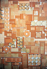 Current decorative trend. Composition with Triana ceramic remains. Inside the Centro Ceramica Triana in Seville, Andalusia, Spain. Museum of traditional Seville ceramics. Background wall 