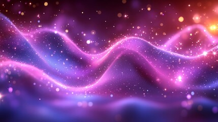 An abstract dark blue background features vibrant pinks and blues amidst radiant lines and shapes.