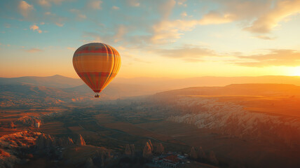 Obraz premium Stunning dawn view in Cappadocia featuring colorful hot air balloons rising above dramatic