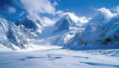 Obraz premium A panoramic view of snow-capped mountains with a valley of glacial ice in the foreground.
