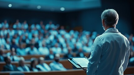 A keynote speaker presents vital information to an attentive audience of medical professionals in a packed auditorium, emphasizing key points in their presentation