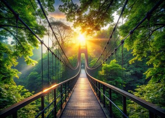 Obraz premium Enchanting Bridge Connecting Treetops, Showcasing Urban Exploration Amidst Lush Canopy and Scenic Views of Nature, Ideal for Adventure and Travel Enthusiasts