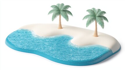 Lush tropical beach with white sand, turquoise water, and palm trees, paradise setting, relaxing and beautiful, 3D illustration