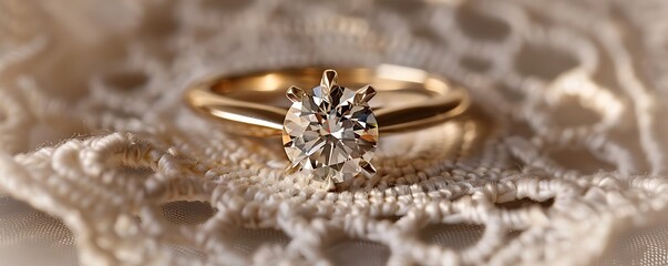 Obraz premium A Gold Valley Diamond ring positioned on a delicate lace doily with soft shadows enhancing its intricate design