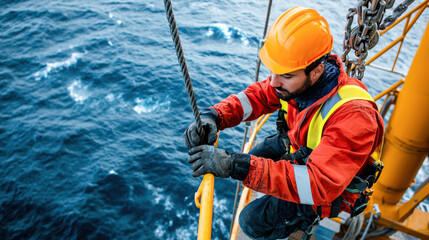 wind turbine technician in full safety gear works diligently on offshore platform, showcasing importance of safety in challenging environments