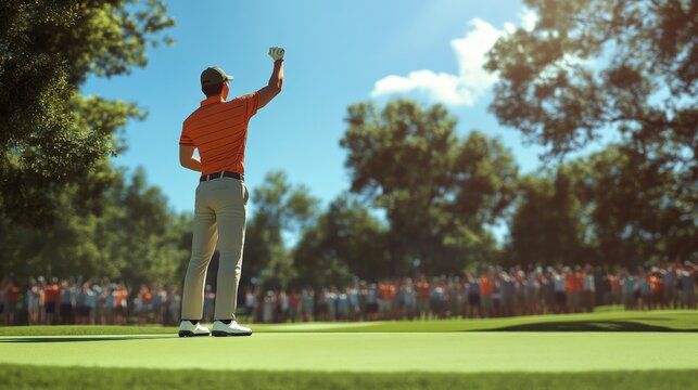 The man raises his fist in victory following a successful putt in a competitive golf tournament. Spectators cheer enthusiastically in the background on a bright, sunny day