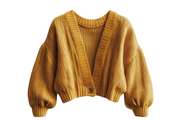 Cozy mustard yellow oversized cardigan with balloon sleeves displayed against a neutral background