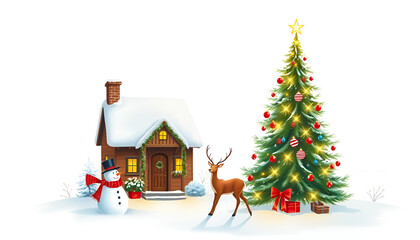 Ai generative a christmas scene with a house, snowman, tree and reindeer christmas merry snowy winter season Suitable for use in design work