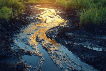 A Stream of Golden Sunlight Reflecting on a Mud Path